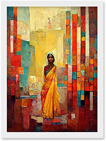 Doppelganger33 LTD Bright Bold Woman Yellow Saree Sari Hindu Muslim Skirt Dress Painting Artwork Framed Wall Art Print A4