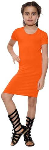 Hamishkane® Girls Bodycon Mini Dress, Stretchy Short Sleeve Round Neck Plain Girls Dresses, Casual Soft Breathable Summer Dress, Kids Basic Tunic Party Top Neon Orange