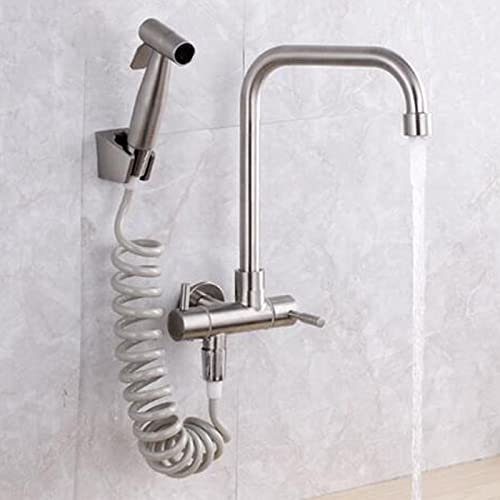Küchenarmatur Kaltwasserhahn Wandmontage, Wasserhahn Küche Wasserhahn Mit Spritzpistole Spültischarmatur Edelstahl Gebürstet-C