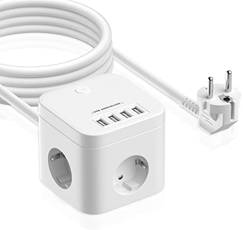 Steckdosenwürfel mit USB, Steckdosenleiste, 3 Fach Steckdosen und 4 USB Ladegerät Anschluss, 7-in-1 Mehrfachsteckdose mit Schalter mit 2M Verlängerungskabe für Zuhause, Büro, Reisen - Weiß