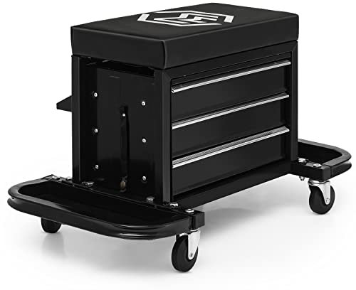 M-AUTO Rolling Mechanic Stool Garage Toolbox Stool Tool Chest Seat w/Wheels, 350LBS Capacity Padded Mechanic Stool Creeper Seat w/Drawers & Side Tool Trays for Home Garage and Workshop, Black