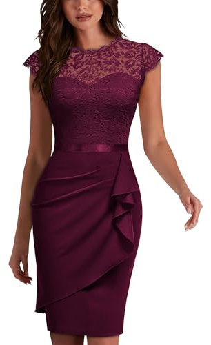 MIUSOL Women's Vintage Lace Cap Sleeve Cocktail Party Formal Wedding Guest Work Bodycon Dress (Small, Burgundy)