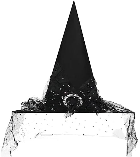 JOFONY Halloween Hexenhut, Schwarz Hexen Hut mit Schleier,Hexen Accessoires Zaubererhüte für Halloween Maskeradepartys Maskeraden Kostümparty