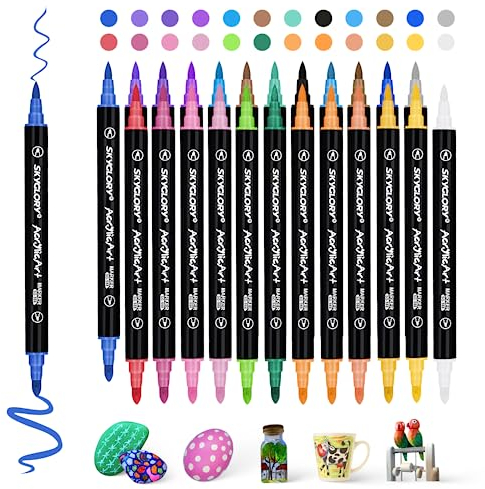 Benxdara Acrylic Paint Pens, 24 Colours Acrylic Markers Pens Set with Reversible Tip, Waterproof and Quick Dry Acrylic Paint Markers for Rock Painting, Glass, Stone, Ceramic, Wood