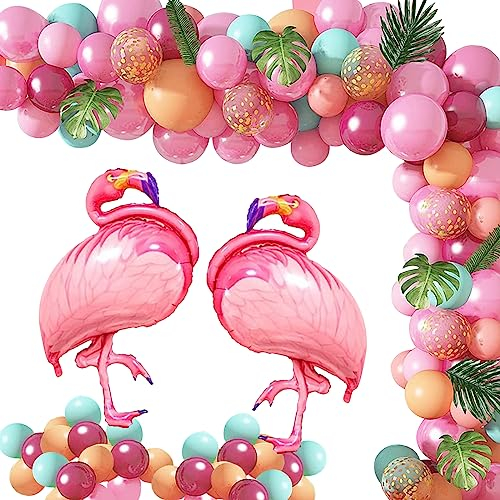 PLATEYTR Decoracion Hawaiana Fiesta, Decoración Fiesta Tropical Verano con Flamenco Globos, Aloha Pancarta, Globos de Cumpleaños para Tiki Luau Flamenco Tropical Verano Fiesta Decoracion Cumpleaños