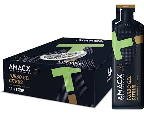 AMACX Turbo Energy Gel für Ausdauersportler, 12 x 60ml, 200mg Natrium, 40g Carbs, schnell absorbierbares Sport Gel, Elektrolyte Energiegel mit Kohlenhydratverhältnis 1:0.8 – Zitrus