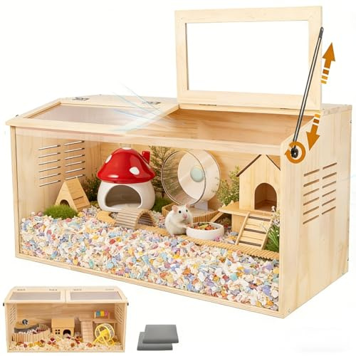 Wooden Hamster Cage,32 Lx16 Wx16 H,2 Washable Liner, Animal Cabinet for Dwarf Syrian Hamsters Degus, Hamster Habitat with Openable Top and Large Acrylic Sheets, Natural Wooden Hamster Habitat