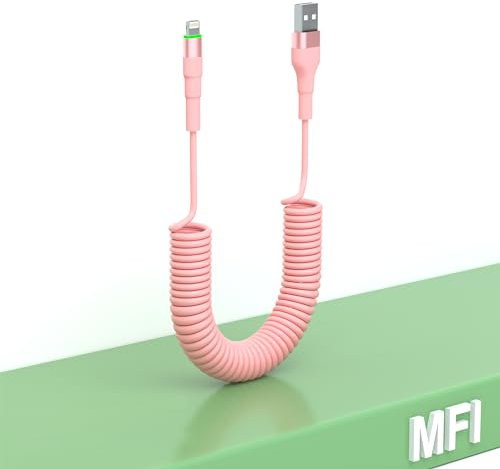 Cable iPhone Spirale pour Apple CarPlay[Certifié MFi], Enroulé iPhone Chargeur Câble avec Synchronisation de Données, Câble Lightning Charge Rapide Cord avec LED pour iPhone/Pad/Pod