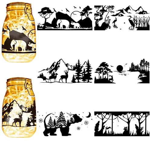 CREATCABIN 6Pcs Forest Mountain Silhouettes Mason Jar Decor Lantern Laser Cutouts Animals Deer Ornaments Scrapbook Embellishment for Glass Wall Windows Cars DIY Craft Christmas 7.9x3.5Inch(No Sticker)
