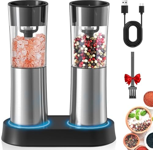 Sobtoe Juego de molinillo eléctrico de sal y pimienta por gravedad, recargable, automático, molinillo pimienta electrico,salero y pimentero eléctrico, luz LED (2 paquetes)