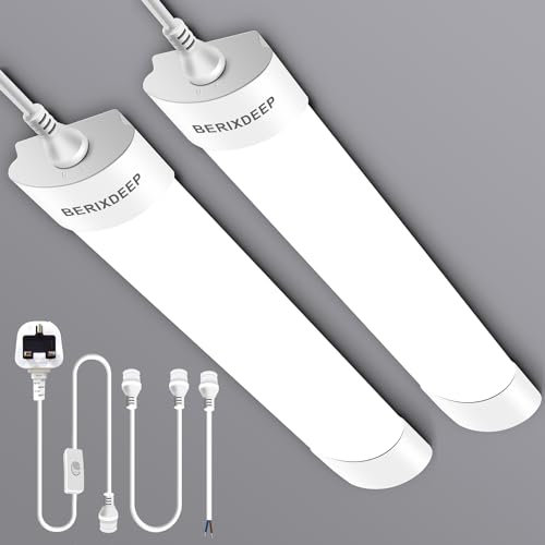 BERIXDEEP LED Batten Lights 2 Pack, Waterproof Plug in Strip Lights with Switch, Plug in Ceiling Light for Garage, Shed, Loft, Hallway, Workshop, 6500K Daylight, 5FT, 150cm, 45W