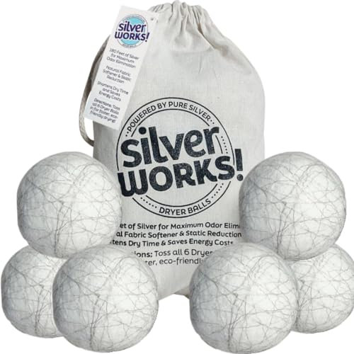 SilverWorks! Bolas de lana para secadora reutilizables – Eliminación de olores con tecnología plateada – Suavizante natural de tela y reductor estático, reduce el tiempo de secado y los costos de