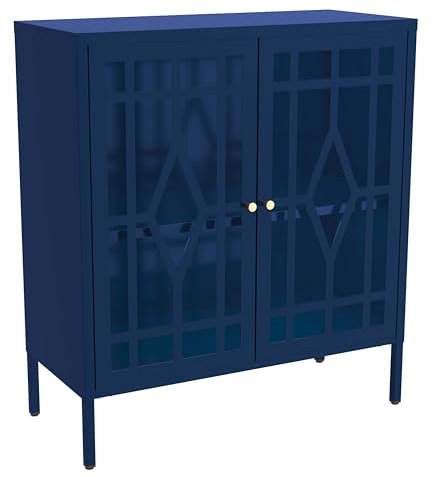 Aqetbfi Doppeltür-Aufbewahrungsschrank für Zuhause, Wohnzimmer, Schrank mit gehärtetem Glas und Trennwand, tragbarer Aufbewahrungsschrank, blau, 35 cm T x 80 cm B x 90 cm H