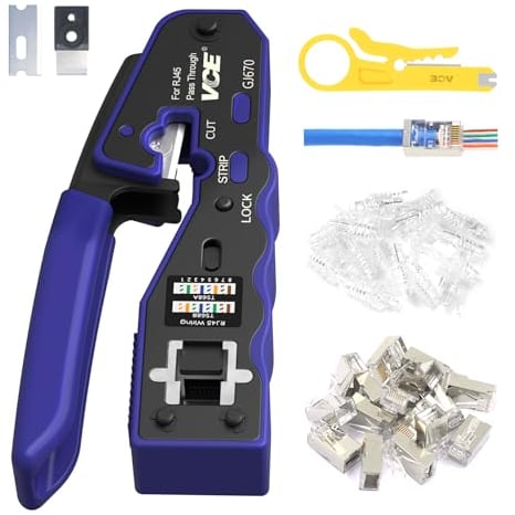 VCELINK 45 in 1 Pinza Crimpatrice RJ45, Strumenti Kit di Rete Professionali, Manutenzione del Computer Kit, Tester Lan e 20 Connettori RJ45 Passanti Cat7, Strumenti di Riparazione