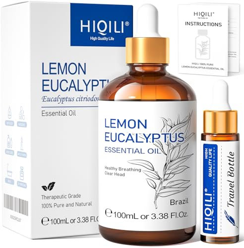 HIQILI Huile Essentielle Eucalyptus Citronné 100ml, pour Repousser les Petits Animaux, Diffuseur, Apaiser l'inconfort, Nettoyer, DIY - Bouteille de Voyage Incluse