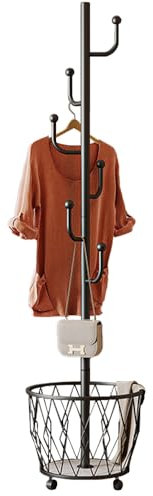 SINBINTA Metallgarderobe, Garderobenständer mit Aufbewahrungskorb und 6 Haken, freistehender Garderobenständer für Häuser Büro Eingangsbereich Flur (Schwarz)