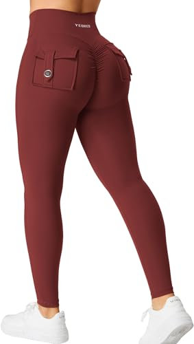 YEOREO Damen Sport Leggings mit Pockets V Taille Gym Leggings Butt Lifting Workout Yoga Fitness Leggings Burgunderrot XL
