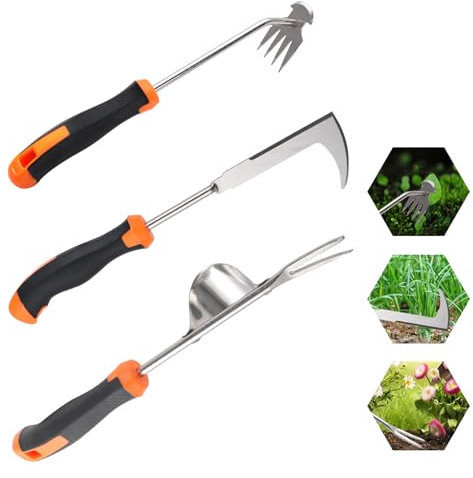 Foyucool 3 Pezzi Estirpatore Erbacce Manuale, Sarchiatore per Erbacce in Acciaio Inox, Attrezzi Giardinaggio, Piantare e diserbare per Il Giardino, Manico in Gomma