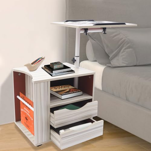 MEELRYD Funktioneller Drehbarer Nachttisch Mit Rädern, Höhenverstellbarer Nachttisch mit Schubladen und Offenes Regal für Schlafzimmer, Wohnzimmer, Arbeitszimmer (Weißer Ahorn)