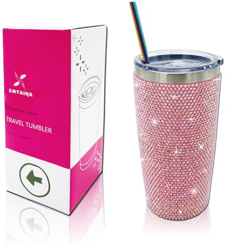 XMYAINA Bling Rhinestone Tumbler 20oz Stainless Steel Studded Glitter Thermal Cup with Leak proof Lid and Straws Double Wall Vacuum Insulated Portable Travel Coffee Mug (Pink)