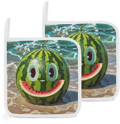 Topflappen mit Tasche für die Küche, hitzebeständige heiße Pads für Arbeitsplatten, Wassermelone mit Smiley-Ofen, Topflappen zum Kochen, Backen, Backofen, heiße Halter, 20,3 cm Untersetzer, 2 Stück