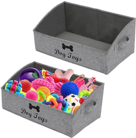 Geyecete 2 Pack Large dog toy bin dog toy box storage box - Foldable Fabric Trapezoid Organizer Boxes with Handle, for Dog Toys (Snow Grey-DOG)