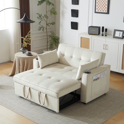 Billg Schlafsofa 3-in-1, Ausziehbar Schlafsessel, Klappbares Couch mit Bettkasten und Schlaffunktion, Sofa 2 Sitzer mit Getränkehalter, Seitentaschen und 2 Kissen, Verstellbarer Rückenlehne, Samt