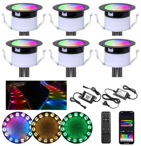 WIFI RGBW+IC Terrassen Bodeneinbaustrahler Aussen Led, Ø31mm 12V Mini Spots Led Einbaustrahler Terrassenbeleuchtung, IP67 Wasserdicht, APP Steuerbar, Kompatibel mit Alexa Google Home (6er)