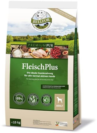 Bellfor Premium PUR FleischPlus Glutenfrei Hundefutter Trocken mit hohem Fleischanteil für normal aktive Hunde. Monoprotein-Trockenfutter für Hunde – 15 kg.