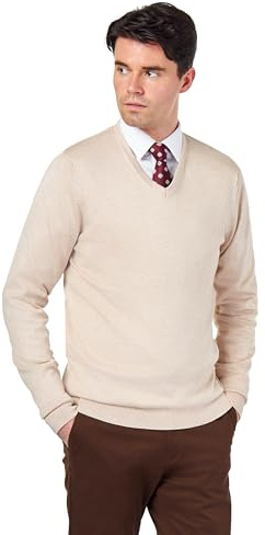 Xposed Mens 100% Cotton Cream V Neck Jumper Regular Fit Classic Lightweight Knit Pullover Sweater [JUMPER-V-NECK-541-CREAM-XL]