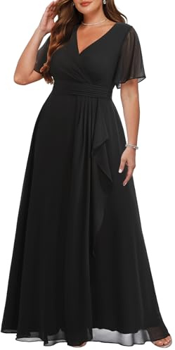 Plus Size Formal Dress Black Wedding Guest Chiffon Ruffle Long Dress Women