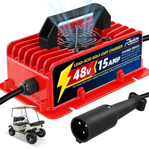 Roykaw 48 Volt 15 AMP Golf Cart Battery Charger Compatible wtih Club Car Models with 3-Pin Round Plug, Lead Acid Battery Charger, Waterproof & Fast Charge