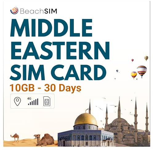 BeachSIM Nahen Osten SIM Karte 30 Tage. 10 GB Datenvolumen mit 4G/5G-Netzen. Kostenloses Roaming in Algerien, Israel, Katar, Saudi-Arabien, Tunesien und den Vereinigten Arabischen Emiraten. Nur Daten.