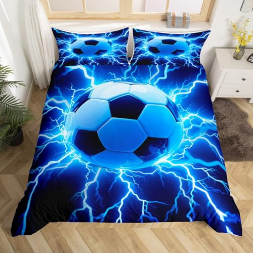 Homemissing 3D Fußball Bettwäsche Set 155x220cm Kinder Fußball Spiele Bettbezug für Jungen Mädchen Teens Sport Thema Blitz Geometrische Betten Zimmer Dekor