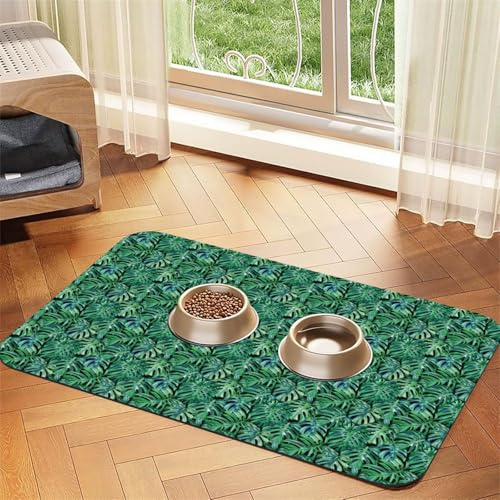 Pevtufa Pet Feeding Mat for Dogs and Cats,Waterproof Absorbent Leather Placemat Non-Slip Easy Clean Pet Food Mat for Floor Protection for Dog and Cat (Monstera Leaves)