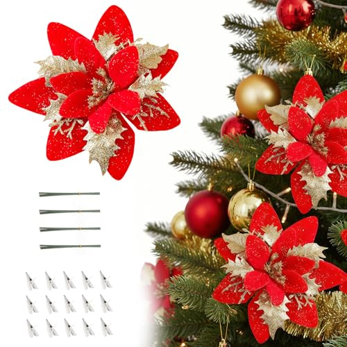 AONAT 12 Pièces 14CM Fleurs de Noël Poinsettia Fleurs Artificielles Arbre de Noël Ornements avec Clips, Fleur de Noëls à Paillettes, Noëls Décoration pour Mariage, Fête, Noel (Rouge Or)