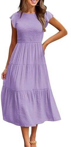 CMTOP Vestito Donna Estivo Abito Lungo Estivo Girocollo Scollo Vestiti con Manica a Volant Casuale Vita Elastica Abiti da Mare Spiaggia Eleganti Tinta Unita Abito di Linea A