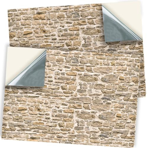 Stick & Go Repositionable Self Adhesive Dolls House Wallpaper, 1:12 Scale, Old Drystone Wall, No. 205, 2 Sheets