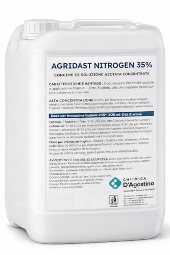 Agridast Nitrogen 35% Concime Liquido Azoto Concentrato Fertilizzante per Fertirrigazione e Applicazione Fogliare – Per Orto, Frutteto, Vite, Prato e Colture Estensive Tanica (5 litri)