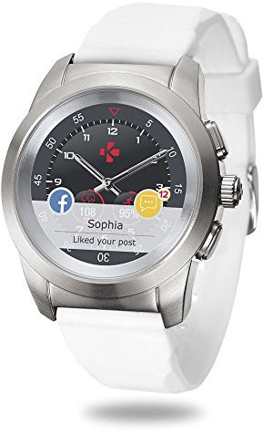 MyKronoz ZeTime Original Reloj Inteligente híbrido 44mm con Agujas mecánicas sobre una Pantalla a Color táctil – Regular Cepillado Plateado/Silicona Blanca