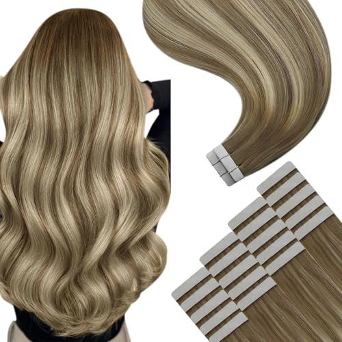YoungSee Tape in Extensions Hellbraun Extensions Echthaar Tape Braun Ombre Blond Tapes Haarextensions-Echthaar 40 cm Tapes-in Haarextensions-Echthaar 50g Remy Haar fur Damen #8A/60/8A