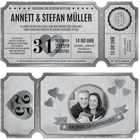 Kartenmachen.de Individuelle lasergeschnittene Foto Silberhochzeit Einladungen in Sonderform inkl. echtem Abriss Vintage Ticket Luftballons, ab 10 bis 100 Stück selbst gestalten