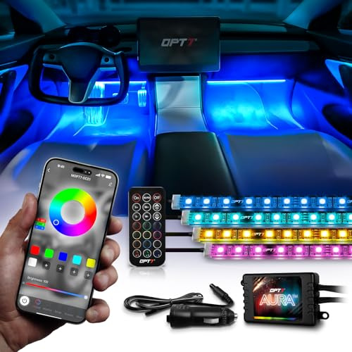 OPT7 Aura Pro Interior Car Lights with App & Remote Control, RGB Color Change, Music Sync Inside Ambient Lighting Kit, Car SUV Van Under Dash Decor, 12V Charger Adapter, 4PC Single Row LED Strip