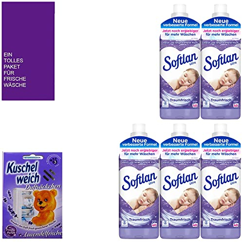 7tlg. Set kompatibel 5x1000ml Softlan Ultra Weichspüler Traumfrisch 200WL | Wunderbare Duftnote + Duftbox Wilde Vanille + Mini-Bag von STUDIO.MUNET