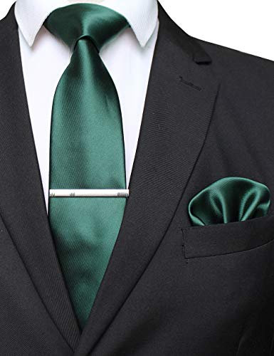 JEMYGINS Cravate Homme Vert Foncé en Soie Brillant Tissu doux Mariage et Pinces à cravate et Carre de poche Ensemble Compris boîte(2)