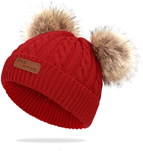 Martin Kench Kinder Winter-Mütze Strickmütze Fellbommel Bommel Strick Mütze Bommelmütze mit 2 Bommeln Mütze für Baby Mädchen Jungen (Rot)