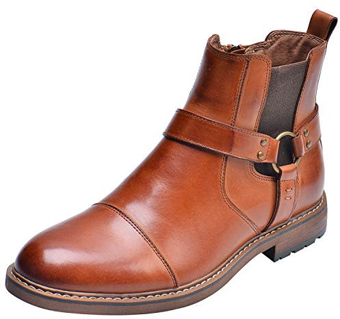 rismart Hombre Cuero Tobillo Botines Chelsea Dedo del pie Gorra Botín Cremallera(Bronceado,42 EU)