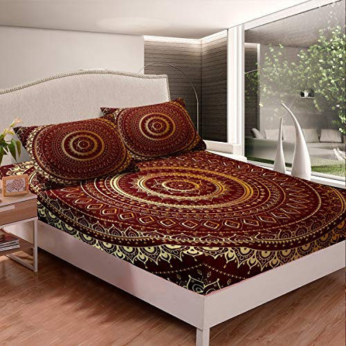 Loussiesd Boho Mandala Spannbetttuch 140x200cm Bettlaken Set im böhmischen Stil Golden Hippie Mandala Spannbettlaken Für Kinder Erwachsene Exotisches Blumendekor rutschfeste Ultra weich 2St
