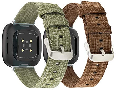 Mtozon 2er-Pack Armbänder, kompatibel mit Fitbit Sense 2/Versa 4/Versa 3/Sense, atmungsaktives gewebtes Stoffband, verstellbare Ersatzarmbänder für Damen und Herren, Grün + Kaffee
