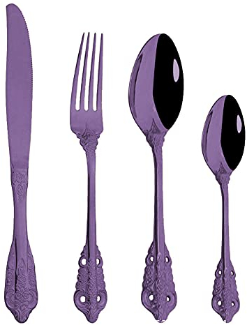 Geschirr Set,4 stücke Besteck Set Edelstahl Essgeschirr Set Besteck Sets mit Messer Löffel Gabelspiegel Polnisch für Home/Reisen/Schule Lila